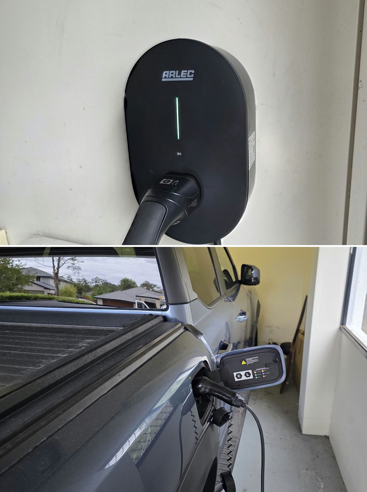 Wall charger installed in a Brisbane garage and charging a ute